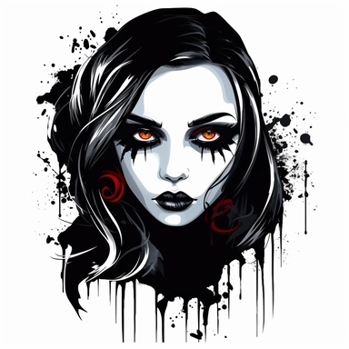 Design a clipart featuring a goth woman with luminous eyes. Make the image visually striking by incorporating bold and vivid colors, while maintaining excellent clarity and detail. The background should be pure white