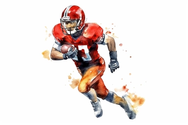 Watercolor, Craft a cartoon person wearing a football helmet and holding a football, representing a female football player clipart, hd, on a white background, spaced out