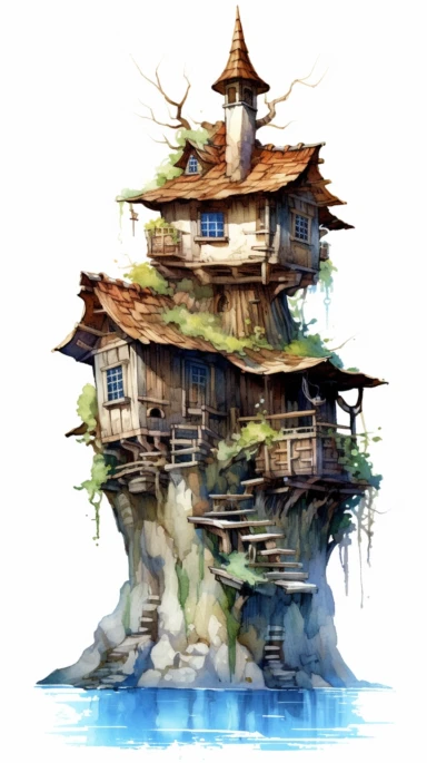 isolated images, illustrations on a white background, realistic medieval rustic druid house on a tiny island, Clipart, watercolor, realistic, isolated, full body, long brown blue dress,, highly detailed, hdr, 32K, photo expert quality, watercolor realistic, hyperrealistic and highly detailed, isolated on a white background