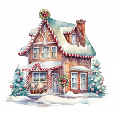 Watercolor Christmas Gingerbread house clipart, on a white background, in the style of Voigtlander, old - world charm, high quality, 8K