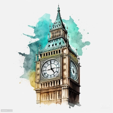 watercolor big ben clock clipart, white background