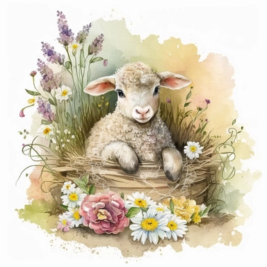 an adorable watercolour easter baby lamb with big eyes surrounded by flowers and easter eggs clipart, in a cozy and rustic barn. The lamb is sitting on a bed of hay, with baskets of colorful easter eggs and bouquets of wildflowers nearby. The atmosphere is warm and inviting, with a touch of nostalgia. Artwork, painted with watercolors and ink