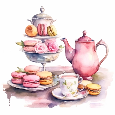 various the cups and teapots in the set with dessert table at a pink rose-themed tea party reminiscent of the traditional British afternoon tea, with a touch of love, featuring an assortment of delectable treats cartoon style, watercolor, pastel color palette, sunday afternoon tea time, different elements of tea time style, clipart, white background no black ground q4 s2.