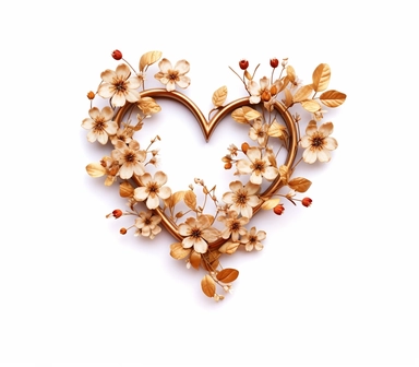 a thin gold heart shape with the outside covered with some minimalist flowers, boho style, clipart on white background