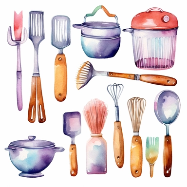 Watercolor kitchen utensils clipart for bakery decoration white background