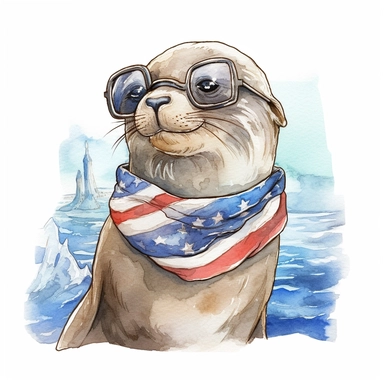 a playful California sea lion with rocky shoreline, wears American flag scarf and sunglasses, Western coastal waters, watercolor style, anime-inspired character designs, hyper-realistic animal illustrations, 2d game art, quadratura, clipart, on white back