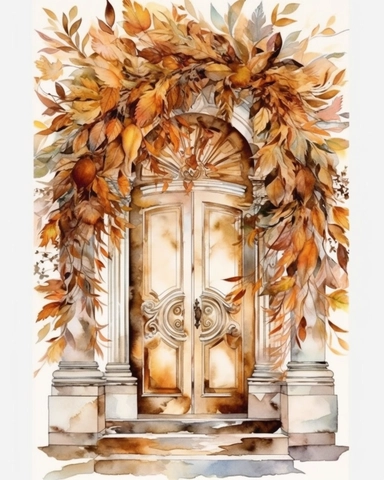 White front door, big wreath on door, autumn leaves, beige color, watercolor, clipart, white background