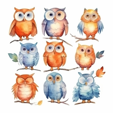 Watercolor happy owls, clipart, isolated on white background