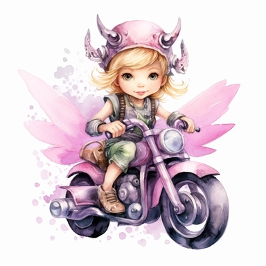 Cute little biker fairy with sitting on her motorcycle pink watercolor Clipart