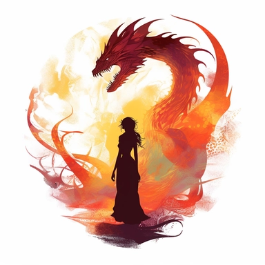 white background, airbrush, digital illustration, Dragon and witch silhouette, A shadowy outline of a witch and dragon, creating an air of mystery and intrigue. the color palette is Fiery and Bold: Shades of red, orange, and gold can give the dragon witch clipart a bold and fiery look, emphasizing the dragon's powerful and fierce nature. in the style of Aleksi Briclot. The image is in a beautiful gothic romanticism style. in the center of the image, white background