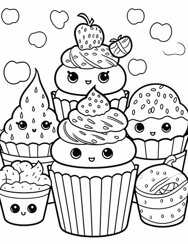 Kawaii muffins with delightful designs and flavors, like blueberry, chocolate chip, and banana For Simple Coloring page,line art, thick lines, black and white,clipart, illustration, on white background,margin Page 10px