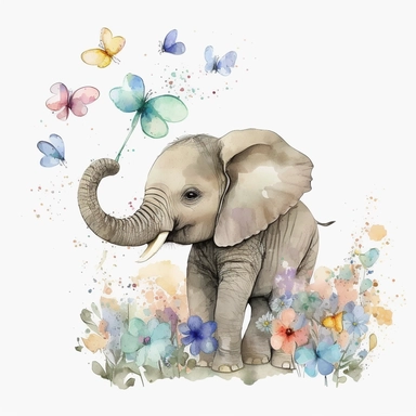 sweet charming illustration of baby elephant, flowers, soft and delicate colors, surrounded by butterflies, watercolor,white background, clipart
