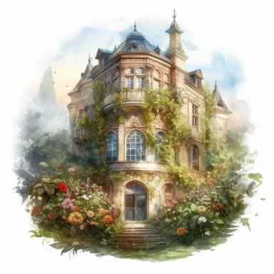 light watercolor masterpiece a royal elegant part of dark witch castle with ivy and roses decorated with summer flowers and magic crystals, masterpiece by Cornelis Springer style and by Vladimir Kush style and by Myles Birket Foster style and by Augustus Edward Mulready style, Baroque fashion, PNG clipart, isolated on white, extreme photorealistic details, 32k HD resolution, realistic high detailization high resolution