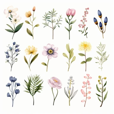 delicate botanical wildflower stems, tiny buds, and foliage bring to mind summer and captivate the beauty of nature, arranged for frames on invitations, watercolor painted with clean lines and edges for clipart on white background