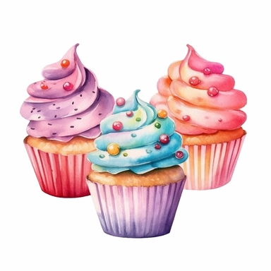 cute watercolor newborn boho birthday cupcakes, isolated white background, babyshower clipart, 8k, soft multicolor boho colors