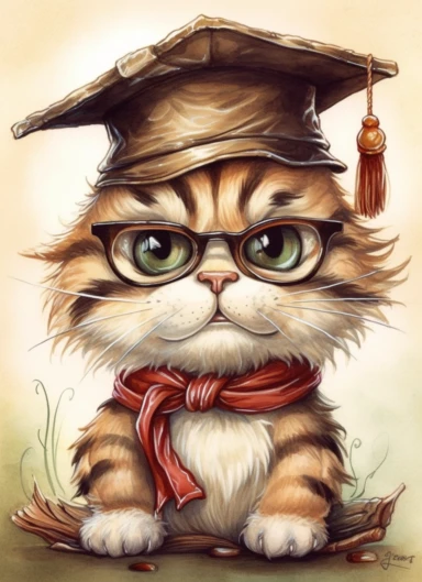 clipart,a cute little tiger in a field with a mortar board on its head wearing glasses on its neck,in the style of jody bergsma, 32k uhd, hand-painted details, charming character illustrations, dark brown and light beige,red/green, aquarellist, hd , white background clipart