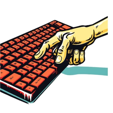 a Computer keyboard with a hand entering the return key in a clipart style