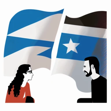 clipart conversation between men and women, with an Israel flag behind