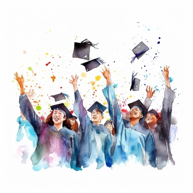 watercolor style, Graduation hat toss: Clipart showing a group of graduates throwing their caps in the air, celebrating the completion of their studies. clipart, isolated on white background, 4K