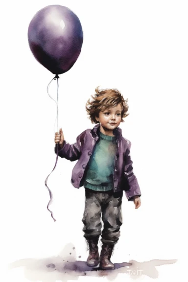 a little boy with a purple balloon in the style of dark aquamarine and brown, tim holtz, close up, charming sketches, toyen, cranberrycore, soft and dreamy, clipart on a white background