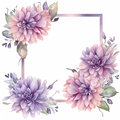 a floral frames made with Soft Purple and Pastel Purple Dahlia flowers, wet on dry watercolour style, antique look, clipart, white background