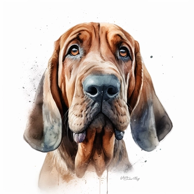cute Bloodhound dog portrait, full face, centered shot, side shot, dynamically posed, in action, playful mood, happy mood, playing mood, cute face, adorable smile, childlike eyes, clean watercolor illustration, white background, nursery baby imagery, painting, detailed, 8k, PNG, clipart,
