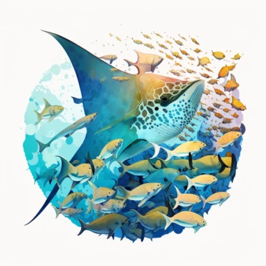 a manta ray swimming behind a shoal of fish, watercolor style, clipart, white background