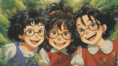 Three girls smiling for a group photo, the first girl has black curly hair wearing a plaid dress, the second girl wears glasses and has short black hair, the third girl wears hair clips and has shoulder-length hair, the three smile at the camera, the palace Hayao Saki, Studio Ghibli
