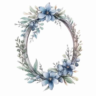 watercolor clipart of a empty suttle dainty floral oval frame surrounded by dusty blue color flowers. Capture the essence of blooming beauty and intricate details in your artwork, white background