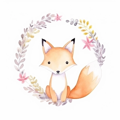 cute fox in a dainty minimalist floral wreath, watercolour, magical, kids art, clipart, isolated white background, 8k