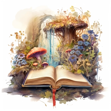 an ancient open watercolor clipart book with a fantasy scene rising from the pages, wreathed in wispy old looking vines, plants, and mushrooms