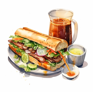 watercolor, hyper realistic, white background, white margins, 16k, ultra detailed clipart, cut out image, hand-drawn Vietnamese banh mi sandwich with grilled pork, pickled vegetables, cilantro, and mayonnaise, served on a crusty baguette, with a cup of Vietnamese iced coffee on the side. in the style of anime art, frostpunk, photo-realistic drawings, villagecore, lively and energetic, high quality, anime
