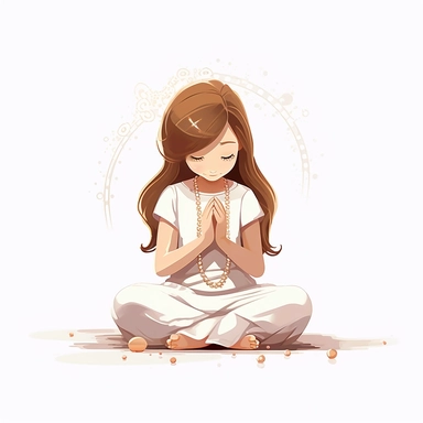 Little girl with long light brown hair, from the side, first holy communion, girl kneeling with holy beads in hand and hands in a praying gesture, cinematic still, modern graphic design, clean illustration, clean clipart, clean vector, clean lines, in motion, geomtricaly correct, clean line, white background, denoised, sharpened, highly detailed, clipart vector white background