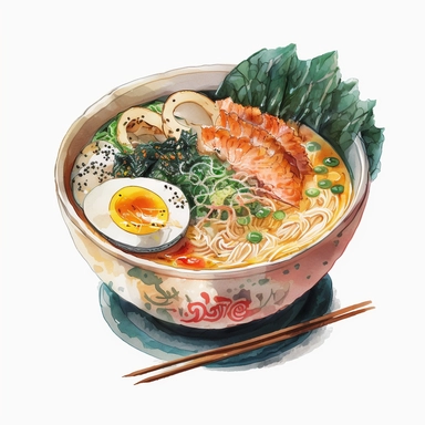 an bowl of japanese ramen, anime art, authentic ramen, watercolor, white background, clipart
