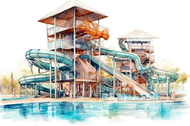 watercolor aquapark party, Hyperrealistic watercolor illustration isolated on white background with margins, realistic with high details, art decals, clipart, distinct lineart, illustrated album, hyper quality, 32K, unreal engine, Hyperrealism