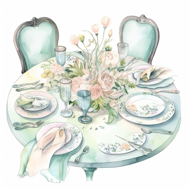hand drawn dining table with centerpiece and place settings , whimsical, fantasy, in pale shades of blue sage green soft pink and pale yellow, glamorous, realistic, watercolor, clipart style, white background with margin