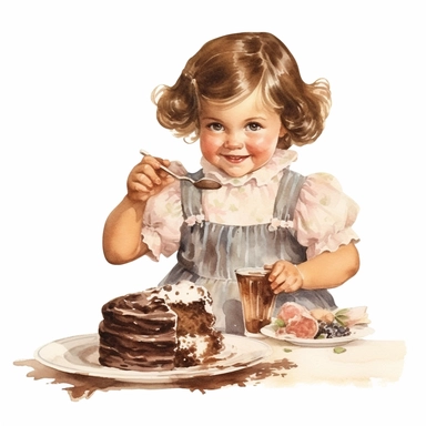 adorable cute vintage little girl eating chocolate cake, watercolor clipart, high quality clipart, no background , high details