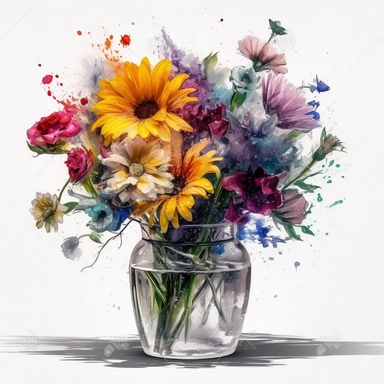 A stunning bouquet of vibrant flowers in a glass vase clipart, set against a clean white background. The artwork showcases the beauty of wet watercolor techniques, with intricate details and sharp brush strokes. Created using ZBrush, the bouquet appears incredibly lifelike and hyperrealistic. The high-definition (HD) quality ensures every petal and leaf is captured with precision. Perfect for various creative projects, this clipart exudes a burst of colors and brings a touch of nature indoors. E
