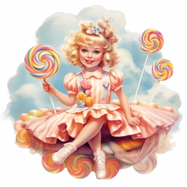 happy adorable little vintage whimsical girl sitting on a cloud made of sugar sweets candy and ribbons, face looking straight, full body, clipart style, pastel pink and orange, accurate details, oil painting technique, super high quality, professional watercolor clipart, high resolution
