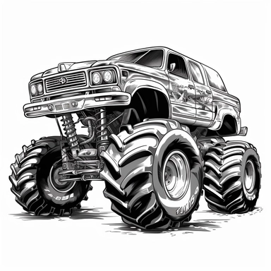 black and white monster truck clipart, 2d vector , sharp resolution, white background