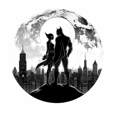 clipart, black and white, of a couple dressed as Catwoman and Batman, holding hands and looking romantic to each others, the horizon with the moon and new york in the background? A comic book feel to it. It would be a fun and playful representation of the love and adventure that the couple shares. white background, HD