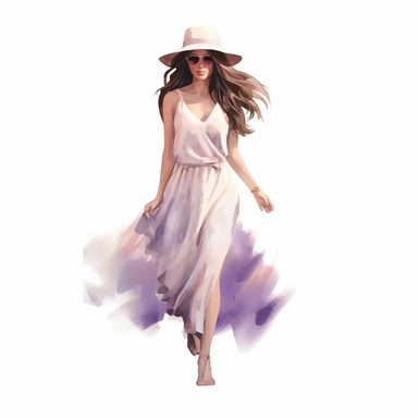 watercolor style, beautiful woman in summer dress in shades of mauve and white, realistic, clipart, isolated on white background, 4K