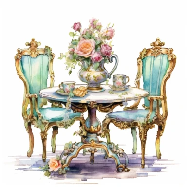 Make a clipart of a fairytale shabby chic watercolor french country kitchen table, rococo, with bright pastel colors of blues and green, pink roses, gold accents, black outlines, hd, white background