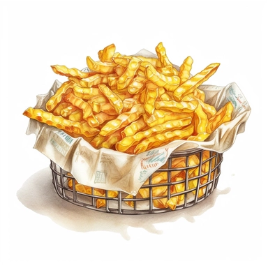A captivating watercolor, hyper - realistic clipart image with a white background and white margins, portraying a basket of crinkle - cut fries. The ultra - detailed, hand - drawn elements capture the distinct crinkle shape and texture of the fries. Use bold shades of yellow and brown to create a visually enticing image that showcases the nostalgic appeal of this childhood favorite