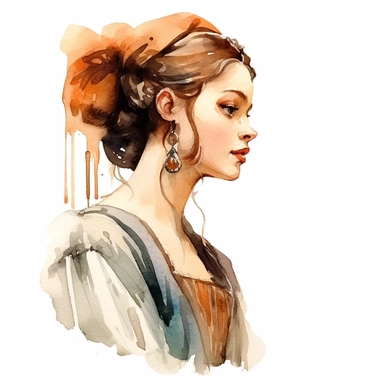 Imagine a watercolor clipart that captures the charm and elegance of a medieval young lady of high nobility. In this prompt, the view will be a side view, emphasizing her facial features and upper body. The young lady will be adorned in a beautifully crafted gown that signifies her noble status. The watercolor medium will bring out the rich textures and intricate details of the fabric, highlighting its opulence. The colors chosen will reflect the period, such as deep blues, rich purples, or eart