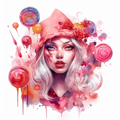 A beautiful clipart image of a charismatic candy-witch is depicted on a white background. She has a beautiful kind and intriguing facial expression. The witch is surrounded by lolipops, candies and flowers. The image has a playful, and magical atmosphere with a palette of bright red pink and white watercolors. in the style of Aleksi Briclot. The candy-witch is places in the center of the image.