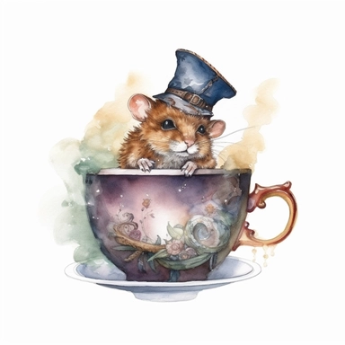 The Dormouse: A sleepy steampunk rodent falling asleep over a cup of tea, watercolor style, clipart, white background