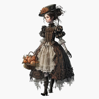 vintage stunning detailed trick or treat halloween girl, full body, victorian style, clipart, watercolor, illustration, on white background