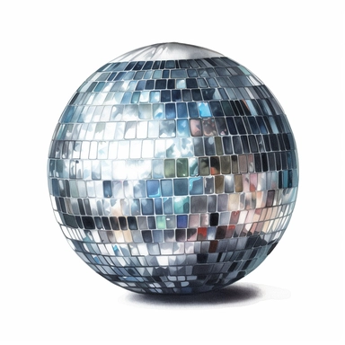 Aquarelle painting of 50s silver reflecting disco ball, white background, Clipart,