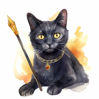 A clipart of a black cat wearing a golden crown and holding a scepter, just like a king or queen, watercolor style, realistic, bright colors, 300 dpi, 8k, white and clear background